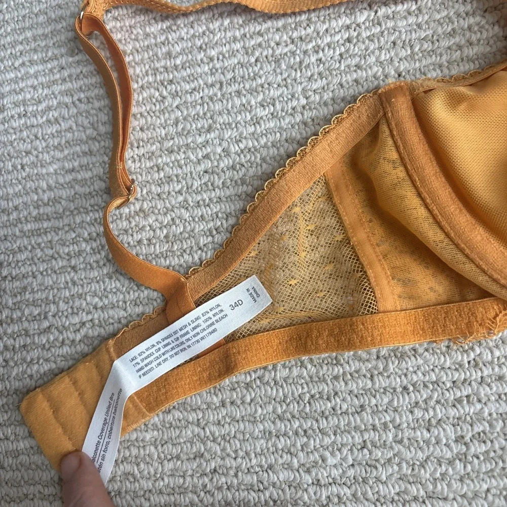 Auden Unlined Balconette Bra 34D Yellow Lace Underwire Unlined